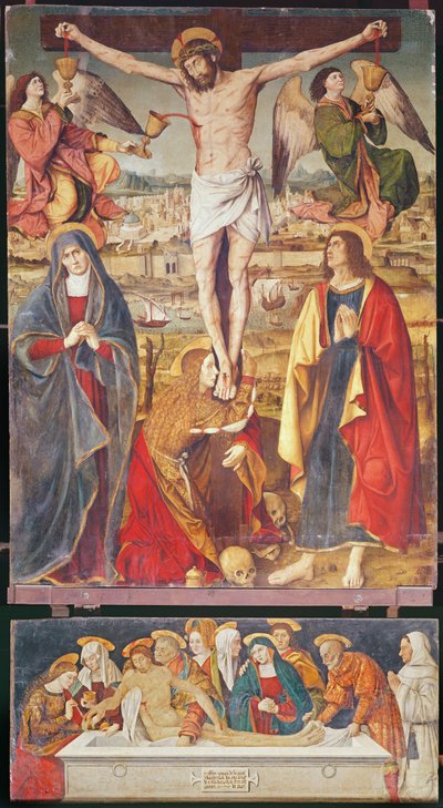 Crucifixion and Entombment, central panel of the Retable of the Passion by Antonio Ronzen